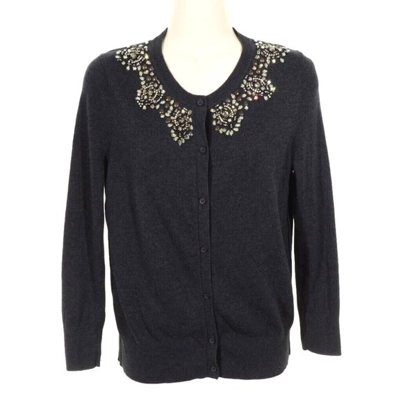 Loft Cardigan Women Small Gray Embossed Beads Stones Jeweled Long Sleeve - Picture 1 of 11